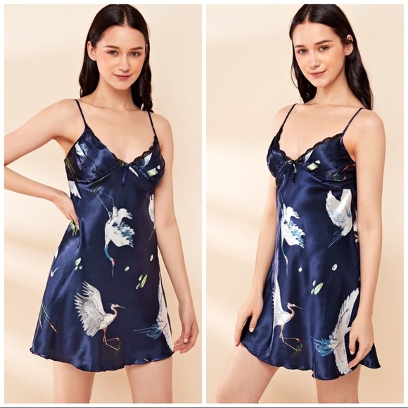 New Navy Blue Satin Silk-Like Nightgown - Picture 2 of 3